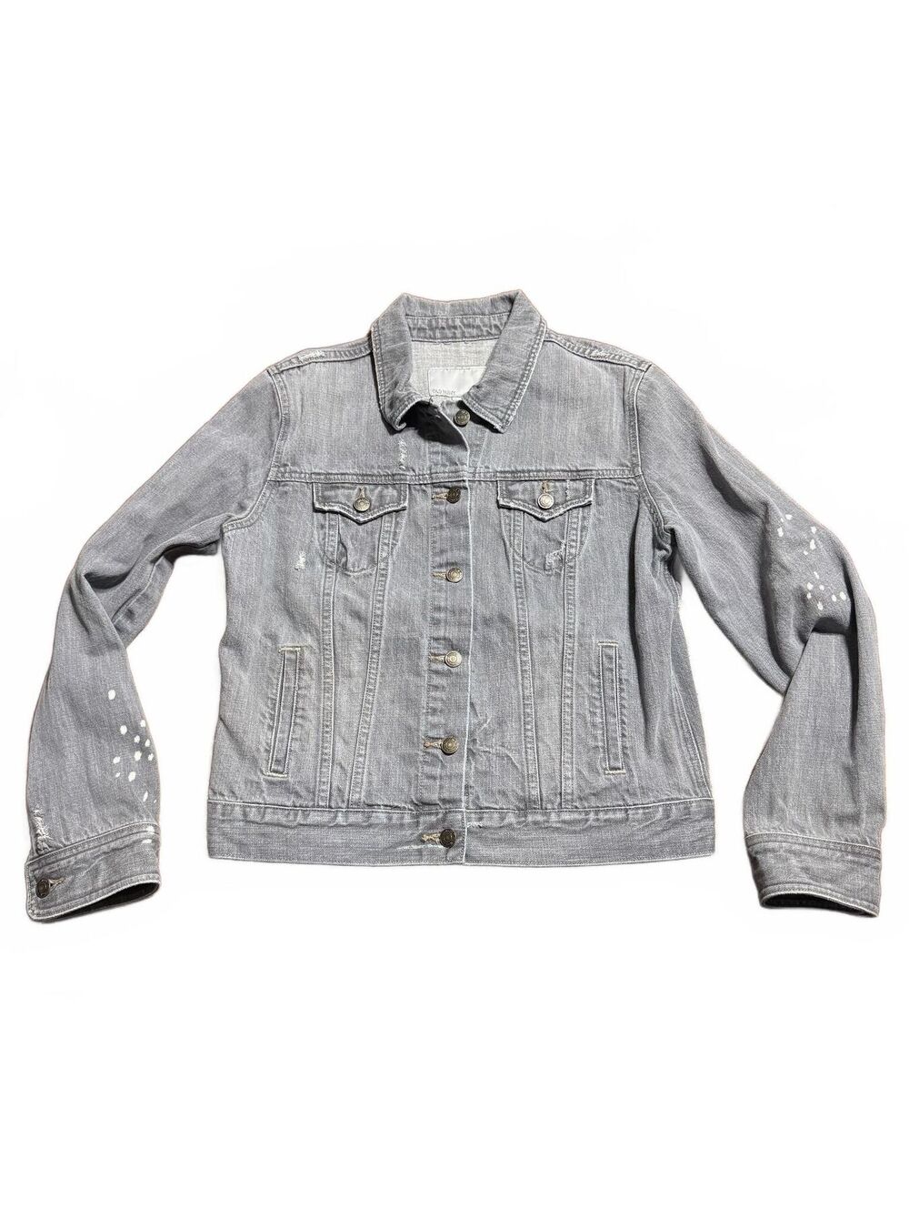 Old Navy Womens Denim Jacket Distressed Paint Splatter L Gray Y2K Trucker Punk